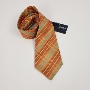 Kenzo Homme Silk Neck Tie NWT Orange Green Plaid Stripes Italy